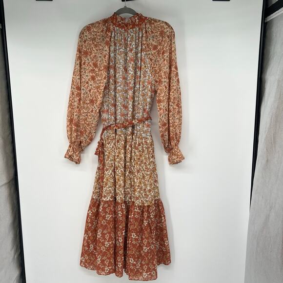 Love Colette Floral Print Peasant Midi Dress Women's Sz M Brown Tiered Tie Waist - Picture 2 of 10